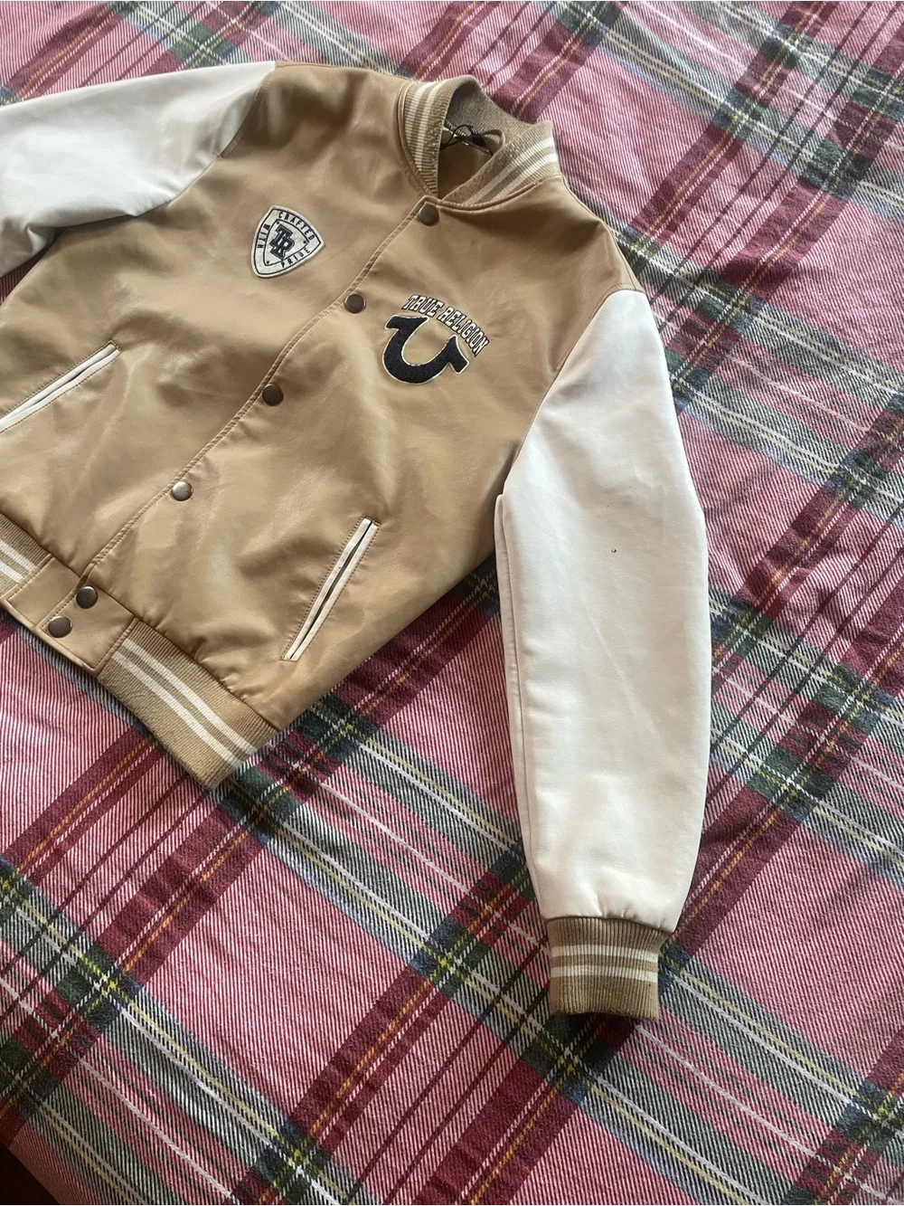 True Religion Tan and White Varsity Jacket